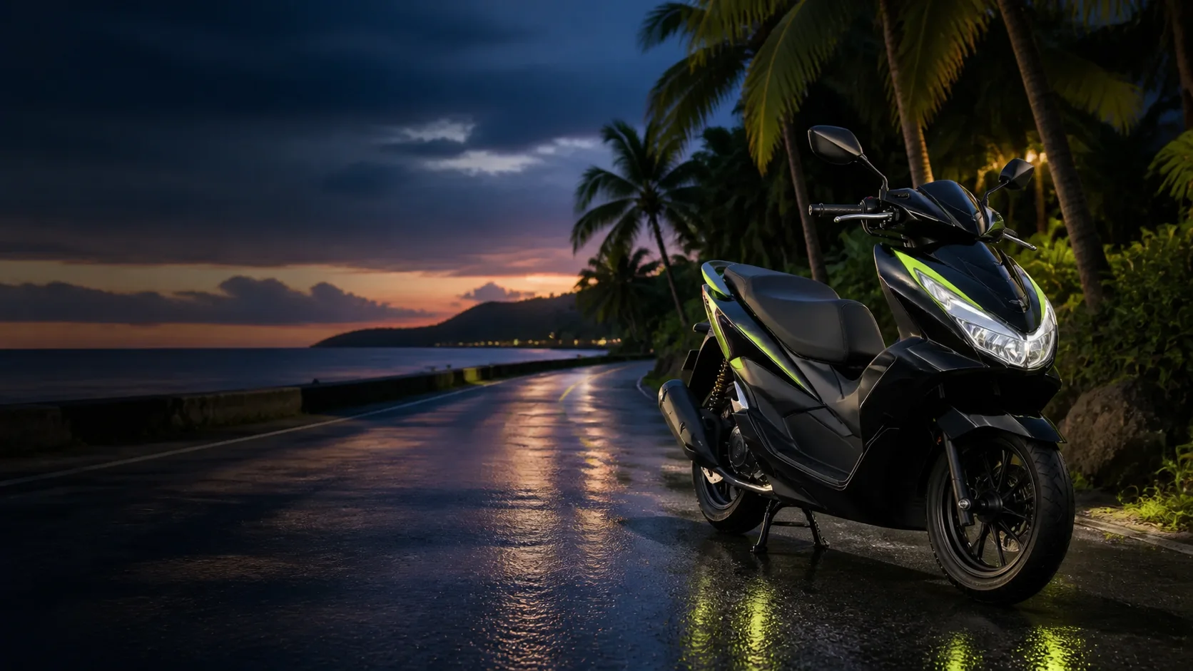Black scooter on a wet coastal road in Koh Samui at blue hour