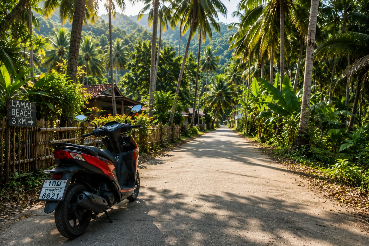 Scooter on a rice-field road in Koh Samui