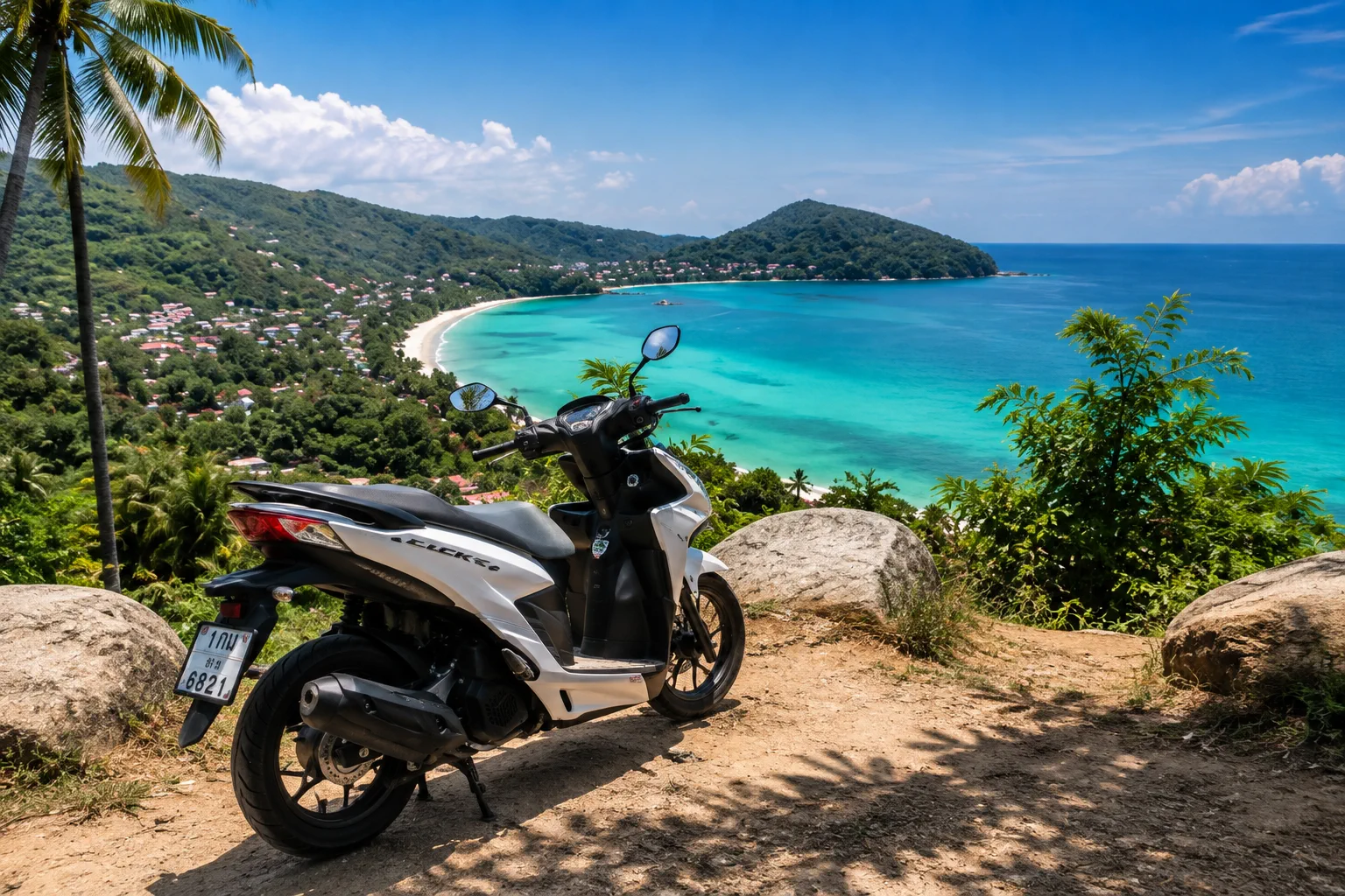 White scooter above a turquoise Koh Samui bay