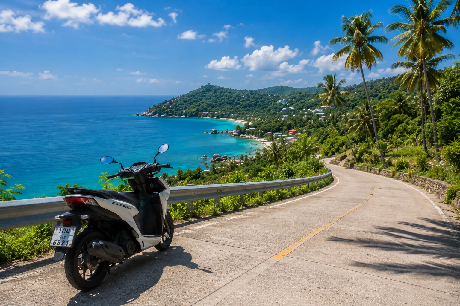 Scooter on a palm-lined coastal road at golden hour