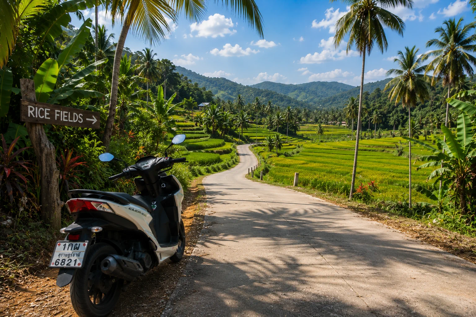 Scooter beside a waterfall route in Koh Samui