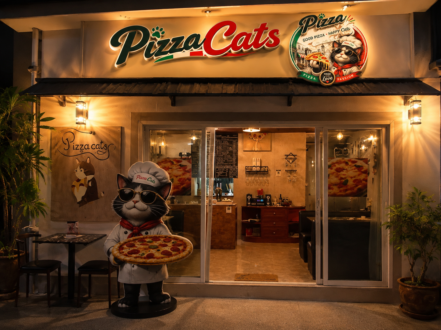 Pizza Cats restaurant entrance and illuminated sign in Koh Samui