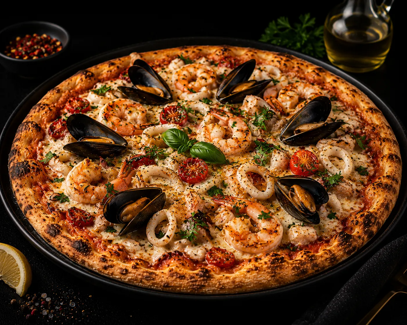 Seafood pizza with shrimps, squid and mussels
