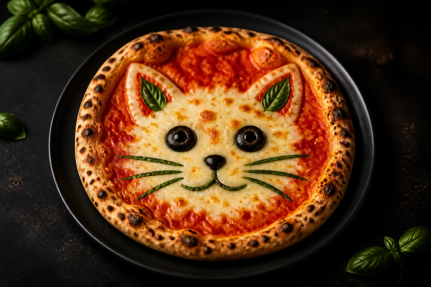 Signature cat-face pizza on a black plate
